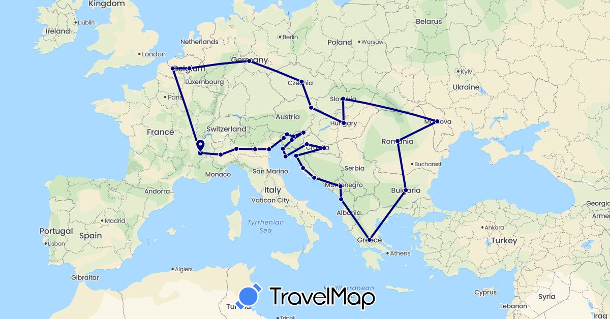 TravelMap itinerary: driving in Austria, Belgium, Bulgaria, Czech Republic, Germany, France, Greece, Croatia, Hungary, Italy, Moldova, Montenegro, Romania, Slovenia, Slovakia (Europe)